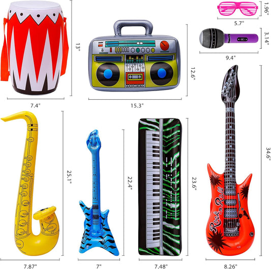 Max Fun Inflatable Rock Star Toy Set, 48pcs Inflatable Party Props for Kids 80s 90s Party Decorations Inflatable Guitars Inflate Rock Band Assortment Party Favors (Random Color)