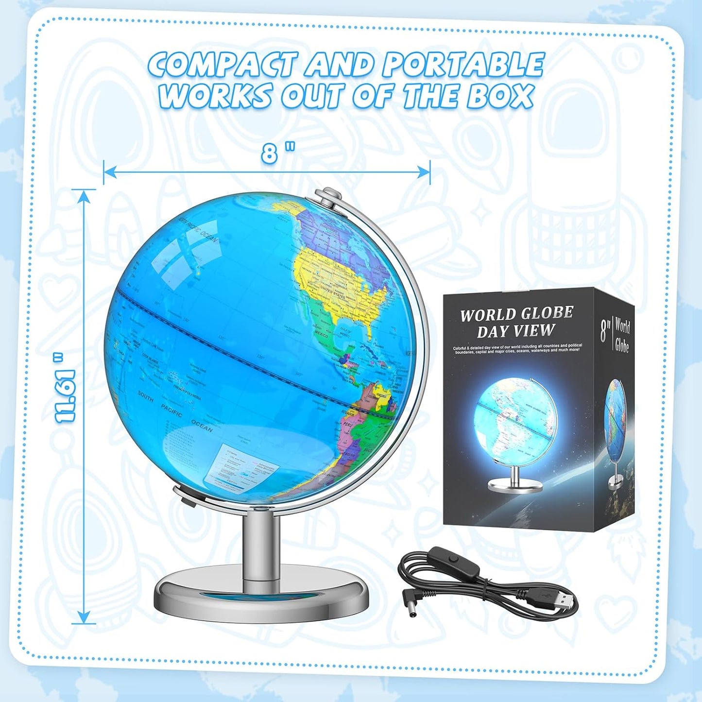 12" Illuminated World Globe for Children & Adults, Globe Lamp with World Map for Kids, Stable Heavy Metal Base, Interactive STEM Learning Gift & Night Light