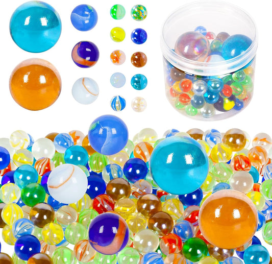 ShellKingdom 200 Count Bulk Assorted Colors Glass Marbles, Colorful Cat Eyes 9/16 Inch Round Marbles Toy for Kids for Aquarium/Game/Vase/Fish/Plant Decor
