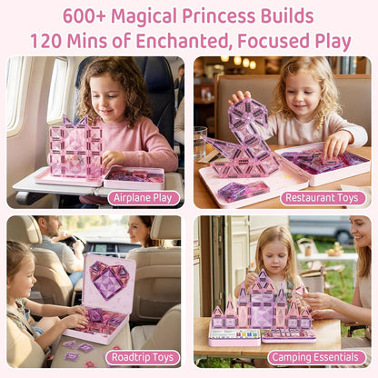 Magnetic Tiles Girls Travel Toy: 42 PCS Pink Glitter Building Blocks Castle Tin Box - 120 Mins Quiet Play 60s Cleanup - Toddler Kids Gift Age 3 4 5 6