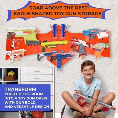 Skywin Wooden Pegboard for Nerf Gun Storage, Nerf Gun Wall Mount Eagle Shape, Compatible with All Blasters, Rack for Wall Organization - Birthday Gift for Kids (Orange)