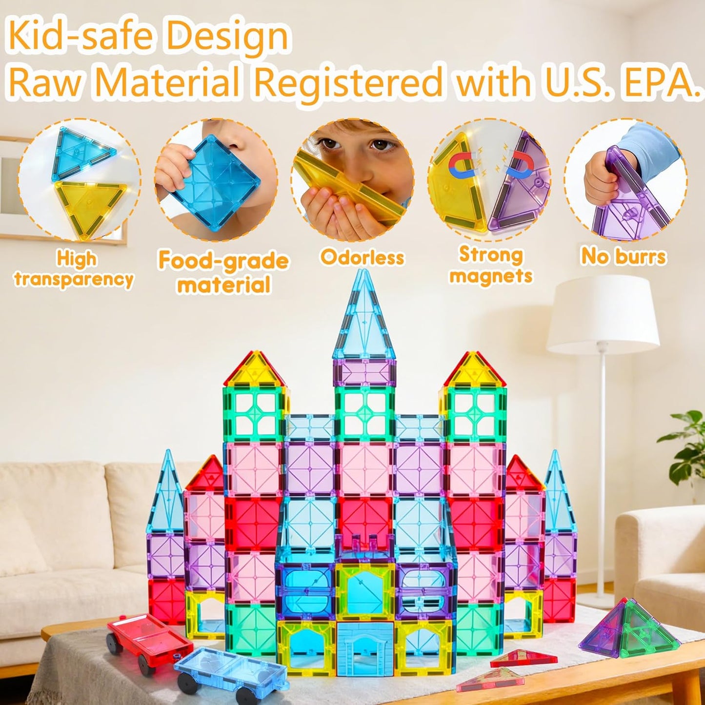 Upgraded Antibacterial Magnetic Tiles - 106 PCS Magnet Building Tiles with 2 Cars for Kids, Inhibits Bacterial Growth for Safe Play, 3D STEM Educational Construction Blocks & Xmas Gift