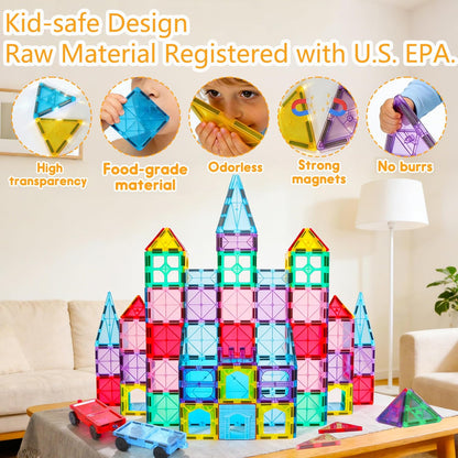 Upgraded Antibacterial Magnetic Tiles - 106 PCS Magnet Building Tiles with 2 Cars for Kids, Inhibits Bacterial Growth for Safe Play, 3D STEM Educational Construction Blocks & Xmas Gift