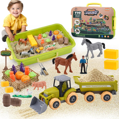 Eaciilee Play Sand Farm Toys, Farm Sensory Bins with 2.2lb Magic Sand, Animal, Take Apart Excavator Trailer Playset, Creativity Sandbox Toys with Lid for Kids 3 4 5 6 Years Old