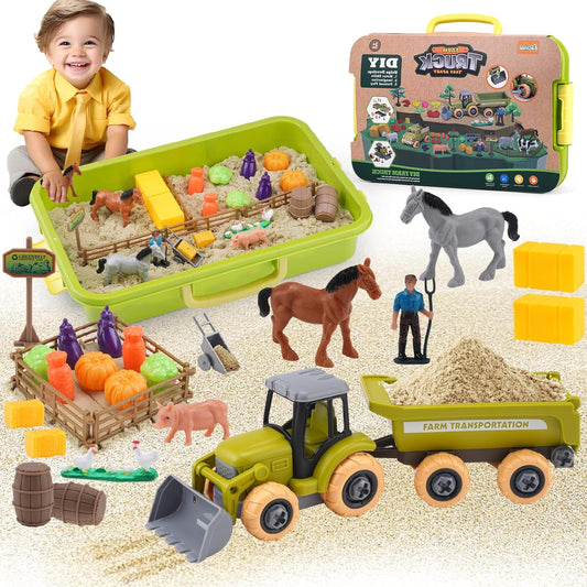 Eaciilee Play Sand Farm Toys, Farm Sensory Bins with 2.2lb Magic Sand, Animal, Take Apart Excavator Trailer Playset, Creativity Sandbox Toys with Lid for Kids 3 4 5 6 Years Old