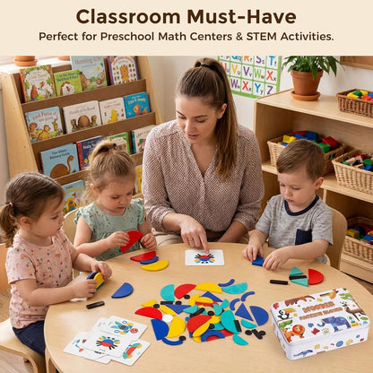 LovesTown Wooden Pattern Blocks Montessori Toys for Toddler Kids Open Ended Shape Puzzles Educational Tangram Preschool Learning Toy with 60 Cards 36 PCS