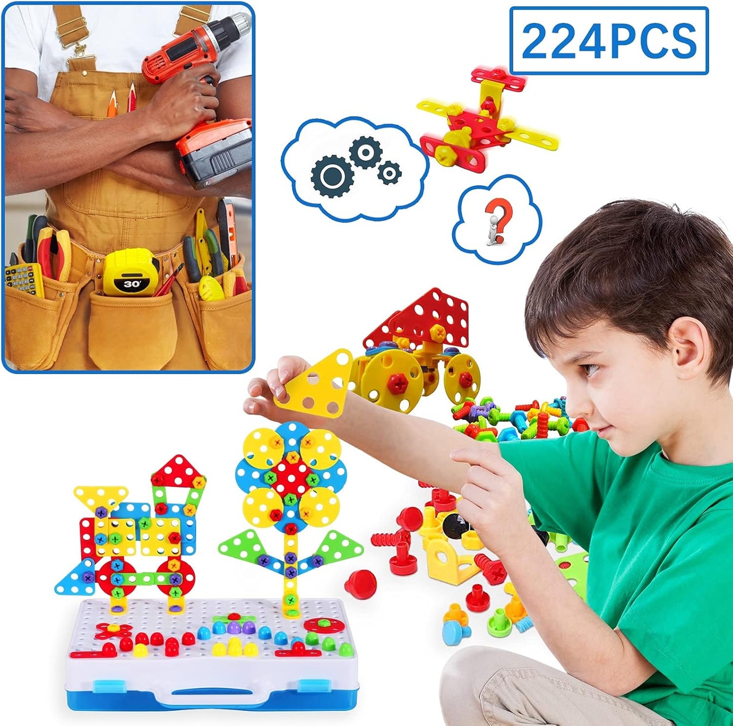 224 PCS STEM Building Toys for Kids Ages 4-8, Creative Mosaic Drill Set with Electric Drill & Screwdriver, 2D/3D Building Blocks Kit, Educational Birthday Gift for 5 6 7 8 9 10 Year Old Boys Girls
