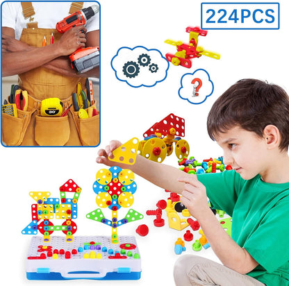 224 PCS STEM Building Toys for Kids Ages 4-8, Creative Mosaic Drill Set with Electric Drill & Screwdriver, 2D/3D Building Blocks Kit, Educational Birthday Gift for 5 6 7 8 9 10 Year Old Boys Girls