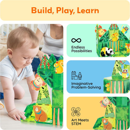 PicassoTiles Magnetic Tile Building Blocks Add On 8 Magnetized Action Figures Construction Vehicles & Zoo Animal Theme Compatible with Magnet Tiles Sets STEM Learning Toy for Boys & Girls Age 3+ PTA21