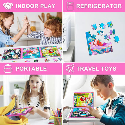 Magnetic Puzzles for Toddlers 1-3, Cartoon Mermaid Magnet 3 in 1 Jigsaw Puzzle, Kids Travel Puzzles Toys, Preschool Learning Toy for Kids 1-8 Year (Mermaid)