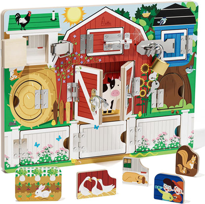 Wooden Latches Busy Board for 1-4 Year Old, Montessori Sensory Toys for Toddler, Farm Theme Educational Busy Book for Kids, Activity Board Gift for Kids