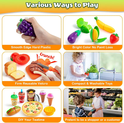 Pretend Play Food Sets for Toddlers, Kids Grocery Store Playset with Shopping Bags,Calculator, Cutting Play Food, Play Money, Sling Bag,Play Kitchen Accessories for Age 3+ Role-Play Games Gift