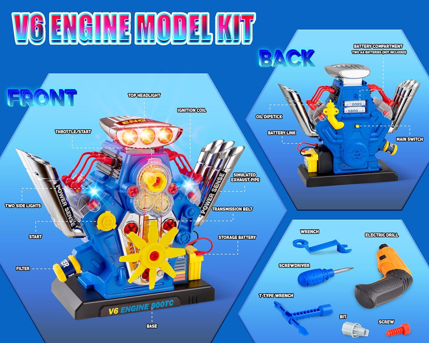 POFJOEQ Engine Building Kit, Kids Mechanic Repair Set for Kids Motorcycle Engine，Take Apart Toys-42pc Playset，STEM Engine Model Kit Toy with Cool Lights&Sounds，Educational Toys for 3+ Year Old (Blue)