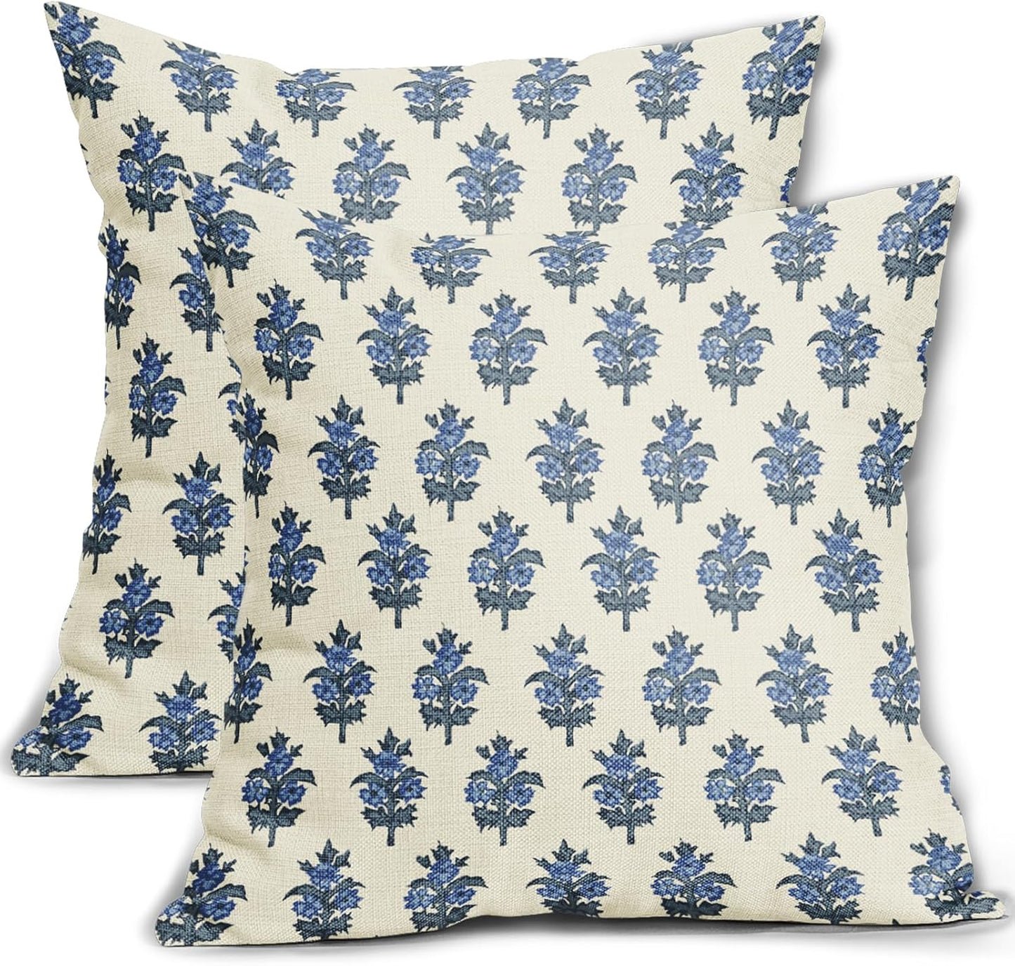 Sage Green Blue Floral Block Print Pillow Covers 18x18 Set of 2 Spring Flower Pattern Decorative Throw Pillowcases Outdoor Rustic Farmhouse Square Cushion Cases Decor for Home Couch Sofa Bed