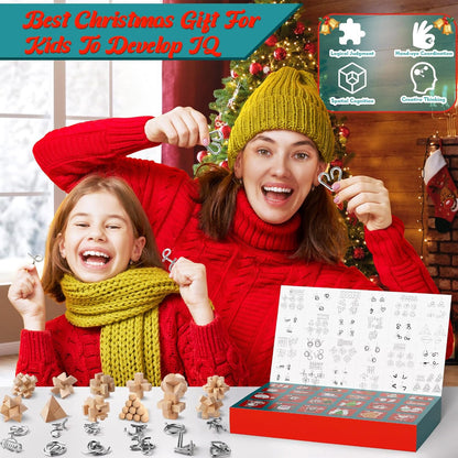 Advent Calendar 2025 Brain Teaser for Kids & Adults - 24 Days of Metal Puzzle Ring & Wooden Toy Games, Christmas Countdown with Mind IQ Logic Challenges, Unlock Interlock Gift for Boys Girls Teens
