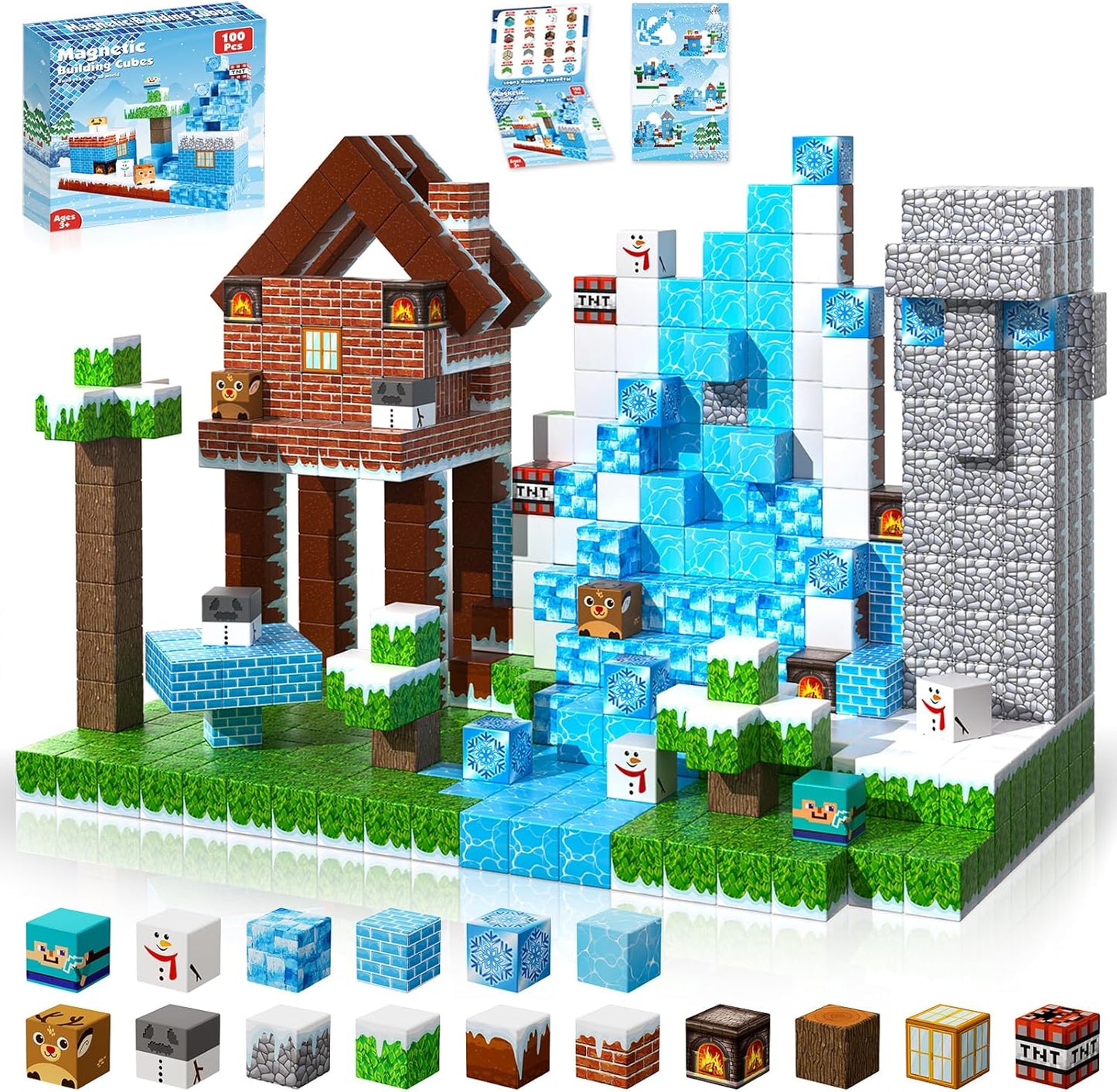 ToyUnited Magnetic Blocks-100PCS Magnetic Building Blocks Magnet Cube Toys Stacking,Build Forest World Set,STEM Montessori Sensory Toys for Kids Boys Girls Age 3 4 5 6 7 8 9 10 Easter Birthday Gift