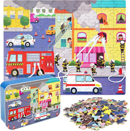 LELEMON 100 Pieces Jigsaw Puzzles in a Metal Box for Kids Age for 4-8 Boys Girls Toy Puzzles Construction Site Vehicles Children Learning Educational Puzzles Toys