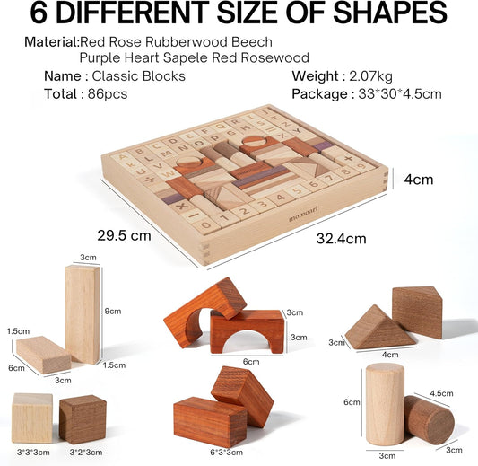 Alphabet Number Early Math Wooden Building Blocks Set - 86 Blocks in 6 Shapes with Wooden Storage Tray. Preschool Montessori Kids Toys. Stacking Learning Toys for Toddlers. Age 3 Years +