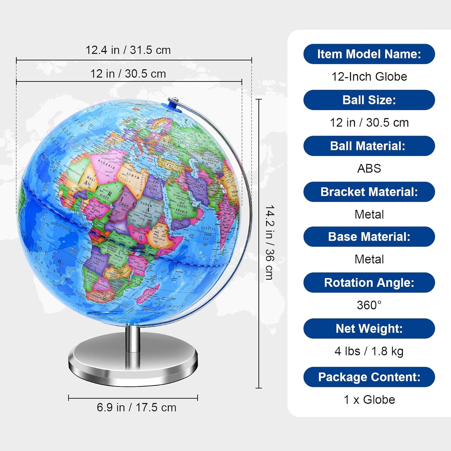 World Globe for Kids Learning - 6 inch Interactive Earth Globe with Stand for Children Students Educational Geography, Spinning World Globes Map Decorative Kids Room Classroom, Desk, Office, Home