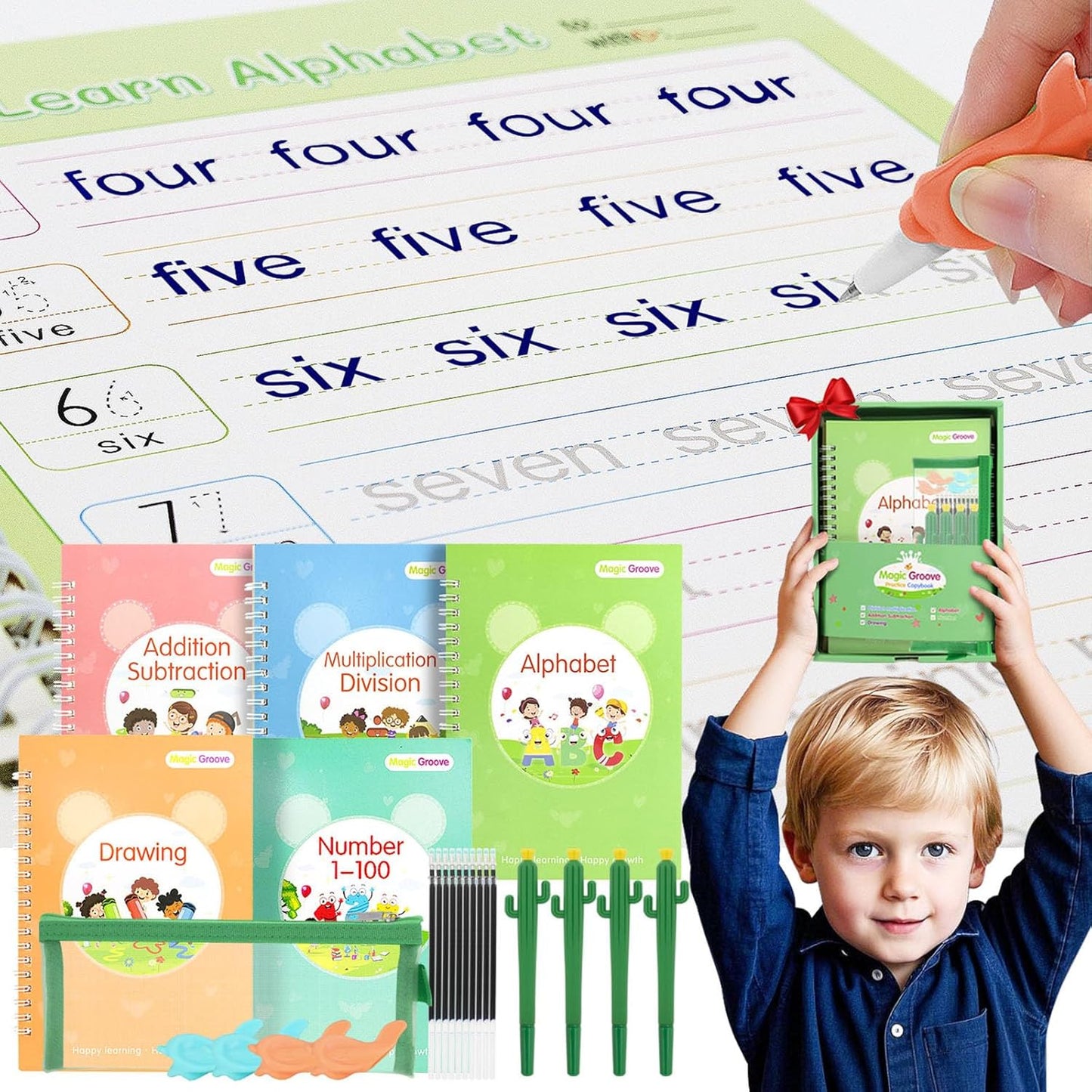 BYFWH Magic Groove Practice Copybook for Kids, Reusable Writing Practice Books, Grooved Handwriting Book Set for Kid Ages 3-8 Calligraphy 5.59 * 7.91 (5 Medium Books with Cactus Pens & Gift Box)