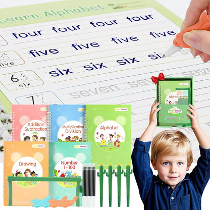 BYFWH Magic Groove Practice Copybook for Kids, Reusable Writing Practice Books, Grooved Handwriting Book Set for Kid Ages 3-8 Calligraphy 5.59 * 7.91 (5 Medium Books with Cactus Pens & Gift Box)