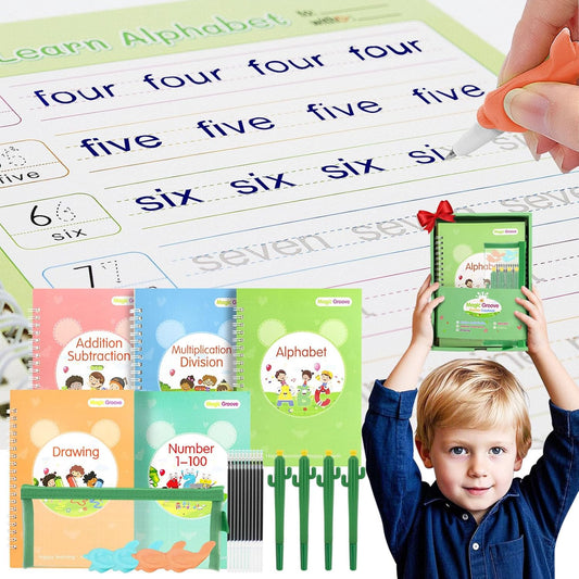 BYFWH Magic Groove Practice Copybook for Kids, Reusable Writing Practice Books, Grooved Handwriting Book Set for Kid Ages 3-8 Calligraphy 5.59 * 7.91 (5 Medium Books with Cactus Pens & Gift Box)