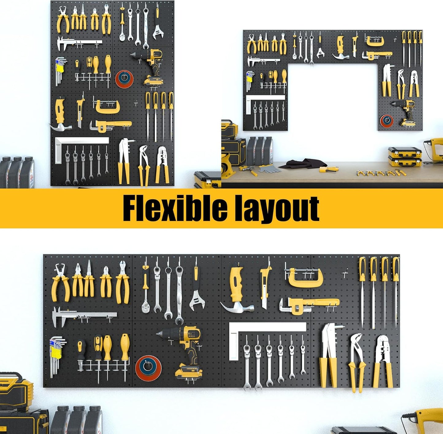 Spampur Peg Board, 4 Pack Metal Pegboard Panels with 50 Hooks, Black Pegboards Wall Organizer, Heavy Duty Peg Board for Walls Home, Garage Tool Storage, Office Organization, Craft Room, Kitchen