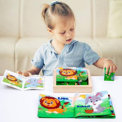 Wooden Dinosaur Block Puzzles for Kids Ages 3-5 with Baby Book, Jigsaw Puzzles Preschool Educational Interactive Toys Gift for Boys Girls, Wood Dino Cube Puzzles for Toddlers 2 3 4 5 6 Years Old