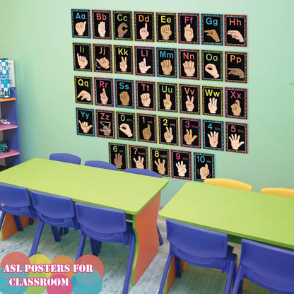 Sign Language Bulletin Board Alphabet - 37 ASL Alphabet Learning ABC Alphabet Poster Classroom Decorative Card Set Kindergarten/Elementary/Homeschool Supplies