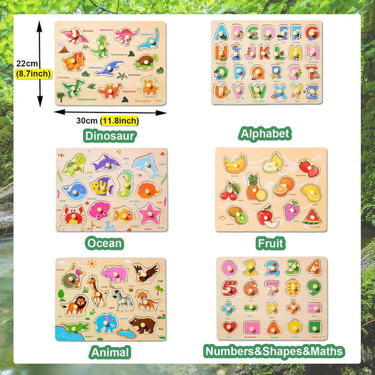 LOYUEGIYO 6PCS Toddler Wooden Peg Puzzle Toys for Age 2-4 3-5 Year Old Boys Girls,Educational Learning Sensory Toy,Puzzles for Toddlers Kids,Dinosaur&Ocean&Alphabet&Number Shape&Animal&Fruit Puzzles