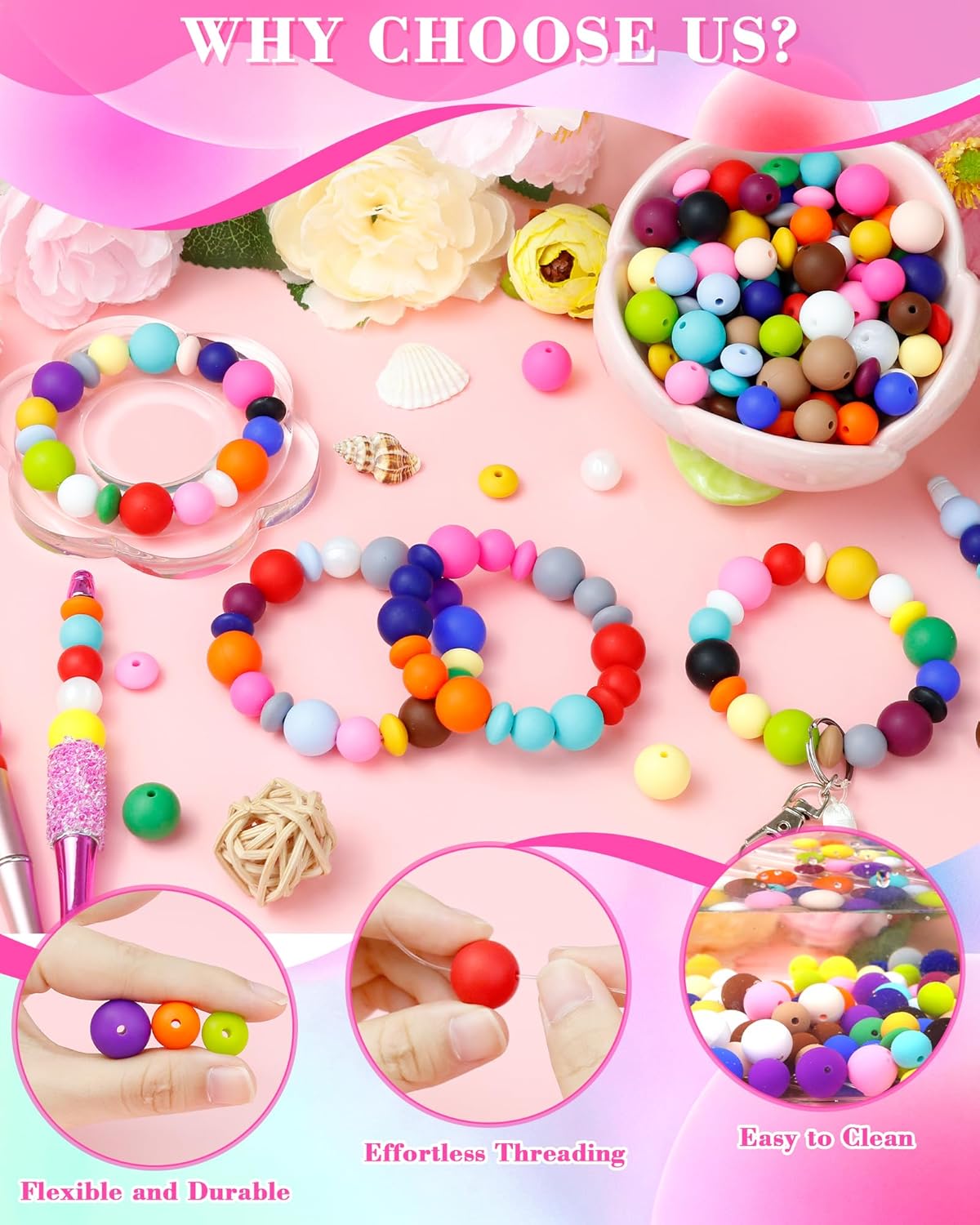 200Pcs FIVEIZERO Mixed Silicone Beads for Keychain Making, 12mm 15mm Round and 12mm Lentil Silicone Beads for Pens Bracelet Necklace DIY Crafts(Black)