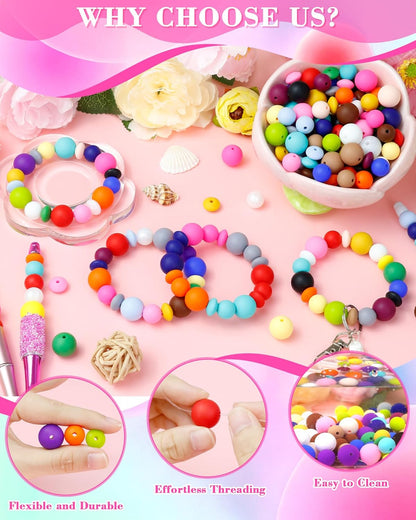 200Pcs FIVEIZERO Mixed Silicone Beads for Keychain Making, 12mm 15mm Round and 12mm Lentil Silicone Beads for Pens Bracelet Necklace DIY Crafts(Black)