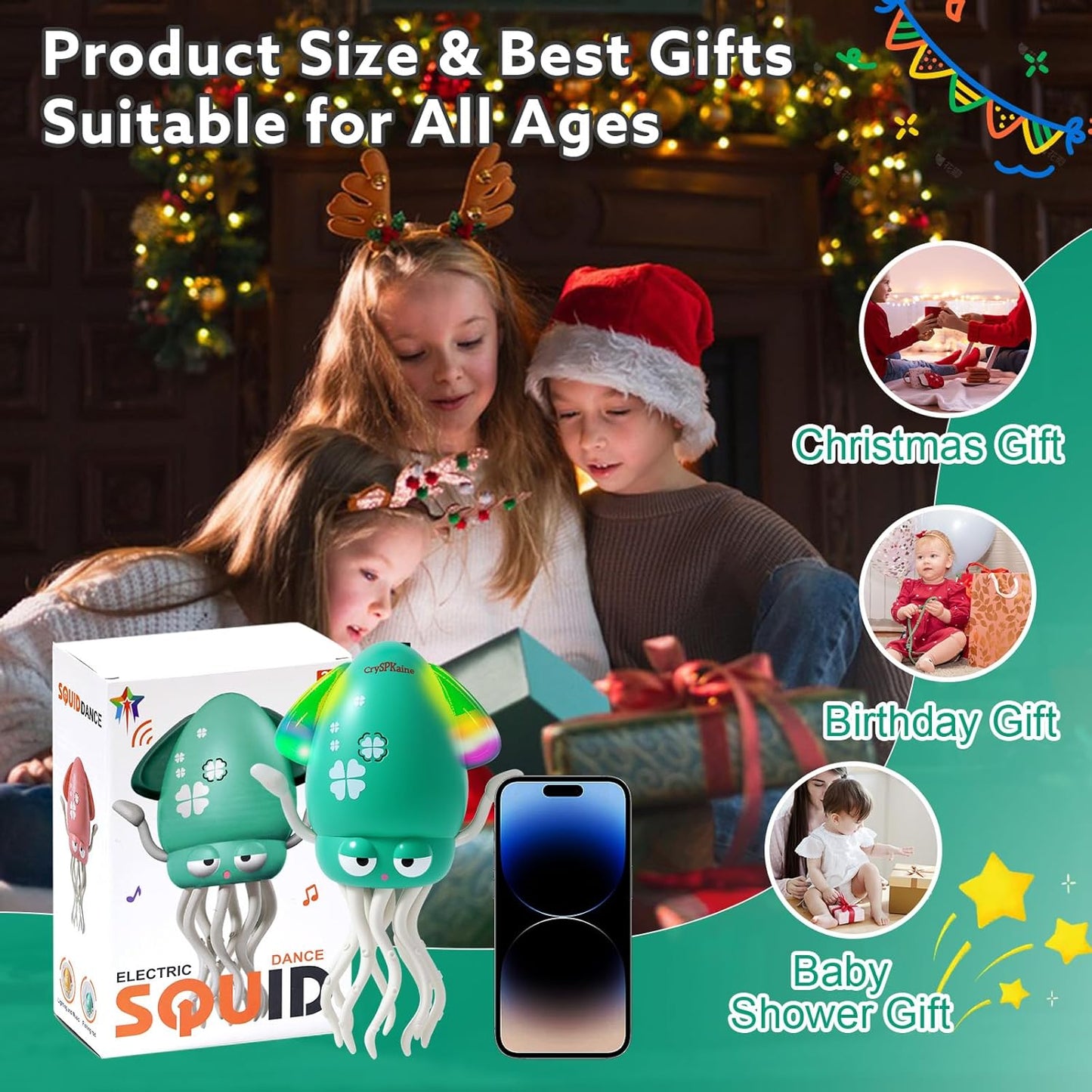 2026 New Electric Dancing Squid Toy with LED Lights & Music, Crawling Dancing Octopus Toys Tummy Time Toys, Magic Dancing Squid Baby Toys Obstacle Avoidance & Fishing Game