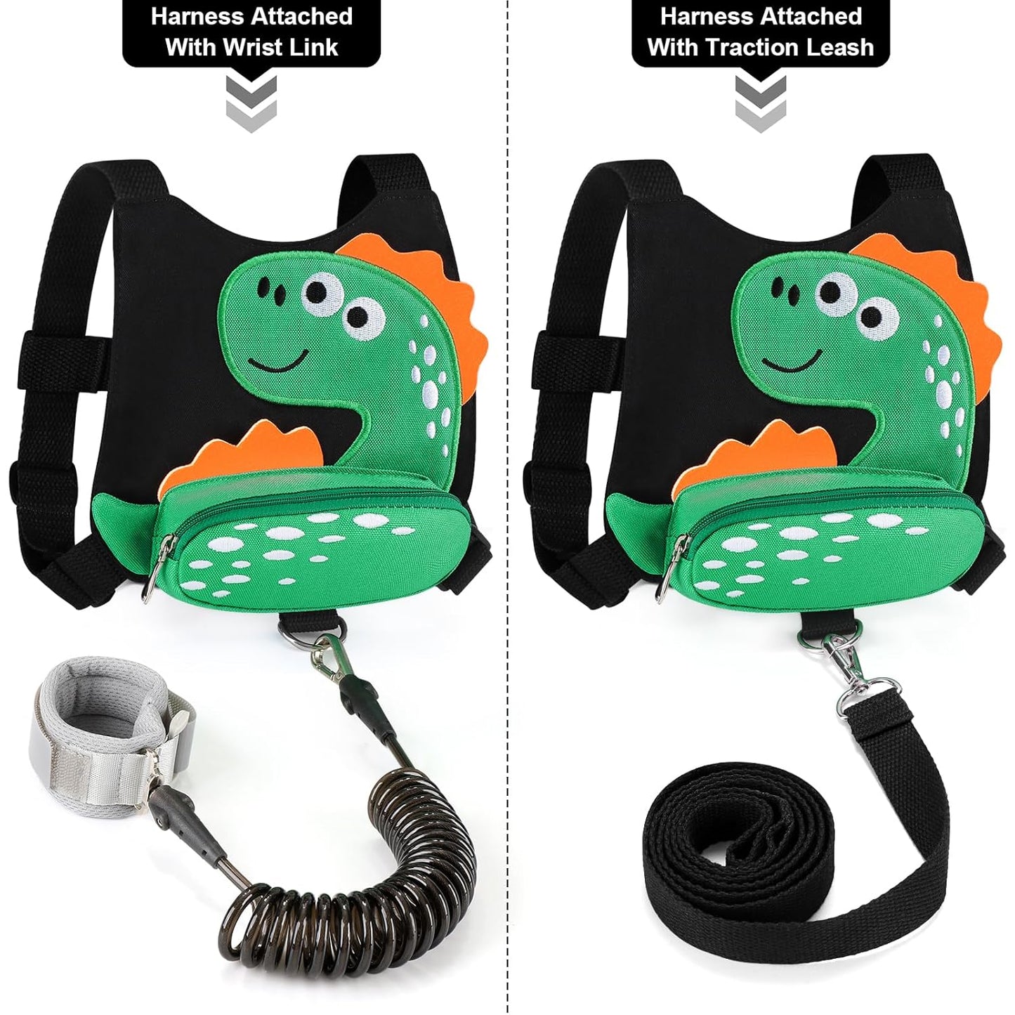 3 in 1 Toddler Harness Leash + Baby Anti Lost Wrist Link, Accmor Cute Dinosaur Child Safety Harness Tether, Kids Walking Wristband Assistant Strap Belt for Parent Boys Outdoor Activity (Black)