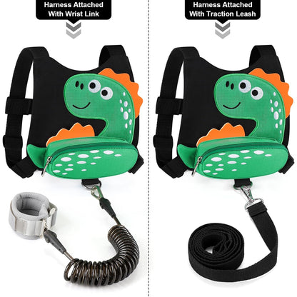 3 in 1 Toddler Harness Leash + Baby Anti Lost Wrist Link, Accmor Cute Dinosaur Child Safety Harness Tether, Kids Walking Wristband Assistant Strap Belt for Parent Boys Outdoor Activity (Black)