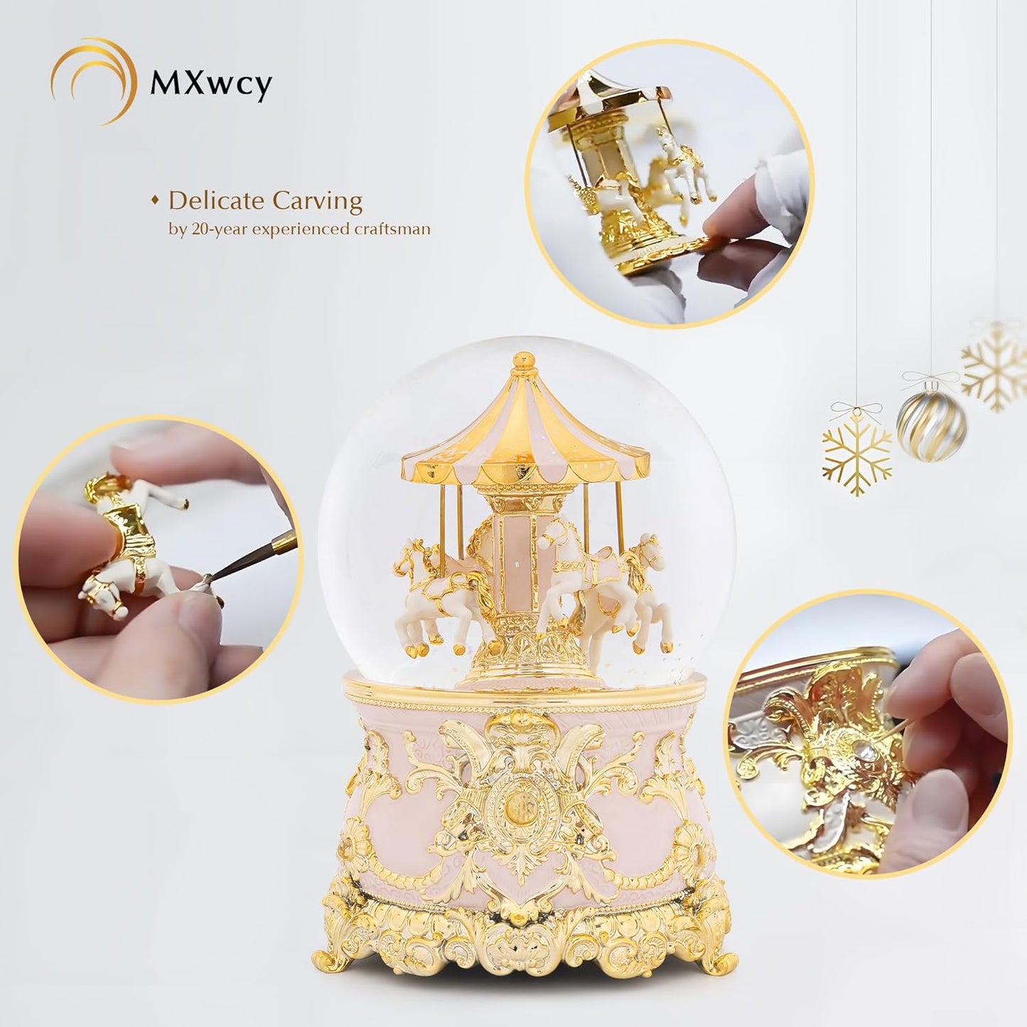 Carousel Music Box Gold & Ivory Christmas Snow Globes, 8.3" Rotate Carousel Snow Globe for Kids & Adults, Classic Wind up Musical Snow Globe Birthday Gifts for Women Girls, Carousel Horse Home Decor