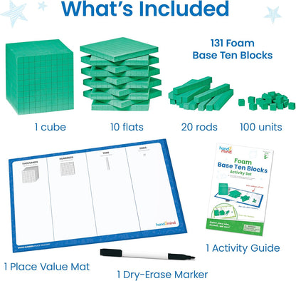 hand2mind Foam Base Ten Blocks Activity Set, Place Value Manipulatives, Base 10 Blocks for Math, Counting Cubes, Math Manipulatives 1st Grade, Small Group Classroom Must Haves (133 Pieces)