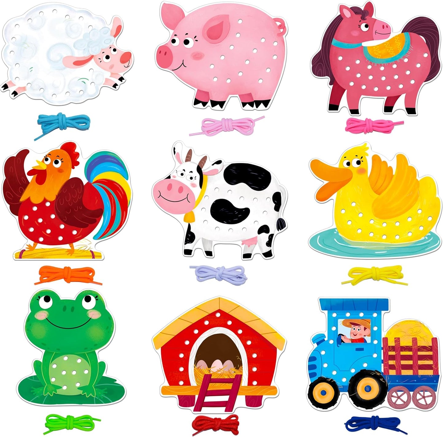 SpriteGru 9 Pieces Kids Lacing Cards, Double Sided Sewing Cards in 9 Vehicle Cards with 9 Colorful Laces, Imagination Development Lacing Toys Games for Children Educational and Learning Activity