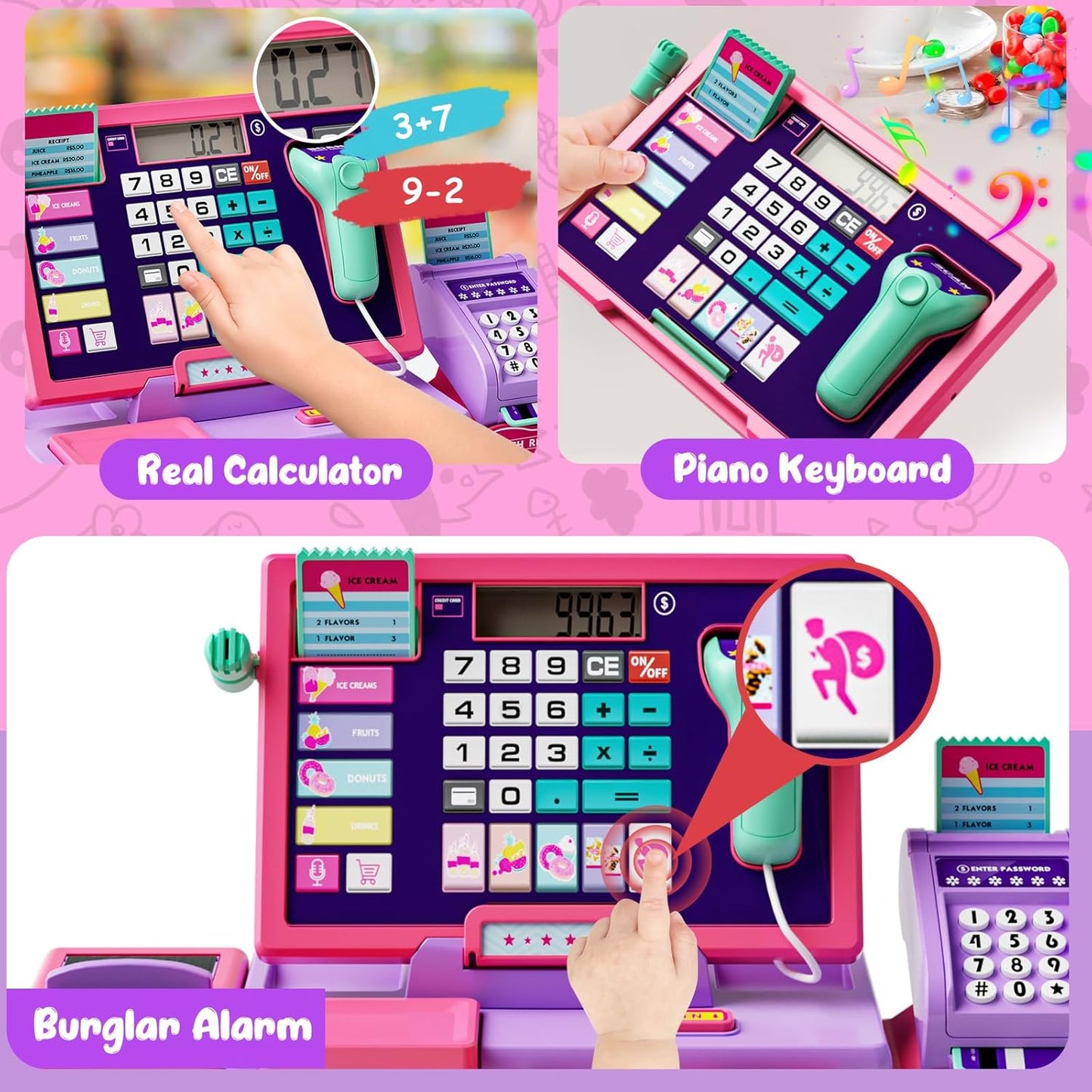 Kids Cash Register Toy Playset, Toddler Prentend Play Store with Real Calculator Cash Register with Scanner/Credit Card/Play Money/Food, Learning Toys for Boys Girls Toddlers(Pink)