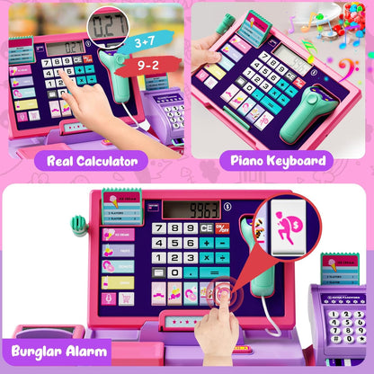 Kids Cash Register Toy Playset, Toddler Prentend Play Store with Real Calculator Cash Register with Scanner/Credit Card/Play Money/Food, Learning Toys for Boys Girls Toddlers(Pink)