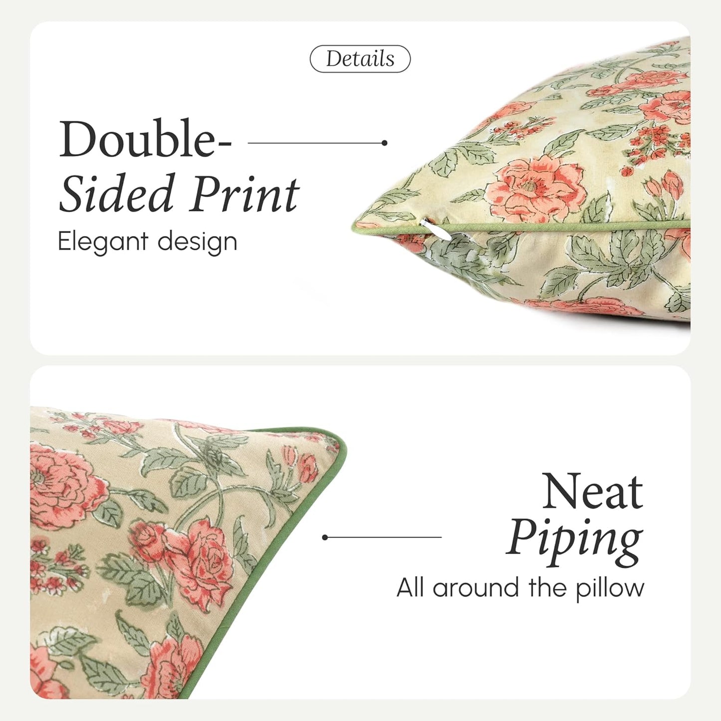 CPC 100% Cotton Throw Pillow Covers 18x18 Inch, Set of 2 Green Block Print Pattern Couch Pillow, Cute Boho Decorative Pillows for Living Room, Bedroom with Hidden Zipper- Agate Green