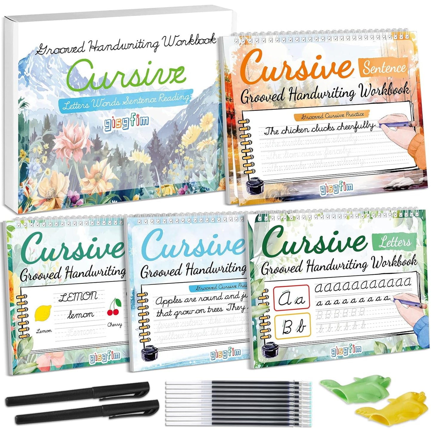 gisgfim 4 Pack Grooved Cursive Handwriting Workbook Kit Magic Reusable Grooved Handwriting Practice with Disappearing Ink Pens Cursive Workbook for Kids Number Poems Jokes & Riddles Inspiring Quotes