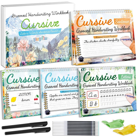 gisgfim 4 Pack Grooved Cursive Handwriting Workbook Kit Magic Reusable Grooved Handwriting Practice with Disappearing Ink Pens Cursive Workbook for Kids Number Poems Jokes & Riddles Inspiring Quotes