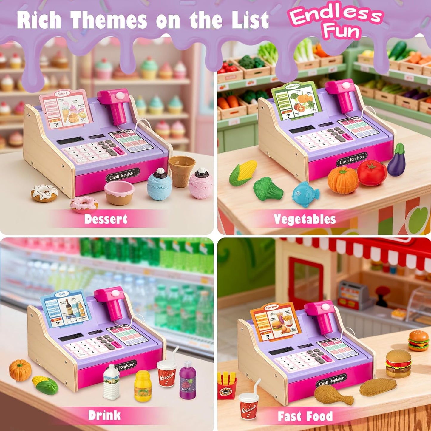 Wooden Cash Register for Kids with Shopping Cart Rechargeable Kid Cash Register with Scanner Gift for Kid Age 3 4 5 6 7 8 9 Year Old Pretend Play for Toddlers Toys for 3-12 Year Old Kids