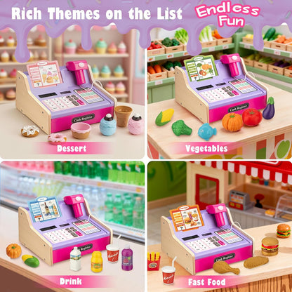 Wooden Cash Register for Kids with Shopping Cart Rechargeable Kid Cash Register with Scanner Gift for Kid Age 3 4 5 6 7 8 9 Year Old Pretend Play for Toddlers Toys for 3-12 Year Old Kids