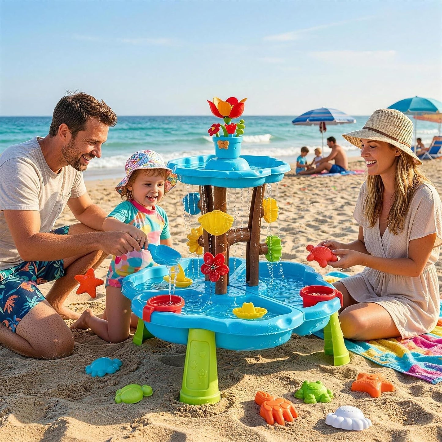 deAO Flower Water Sand Table for Kids 2-Tier Outdoor Water and Sand Play Table Toy Set with 11 Piece Water Toy Accessories Summer Gift for Boys Girls