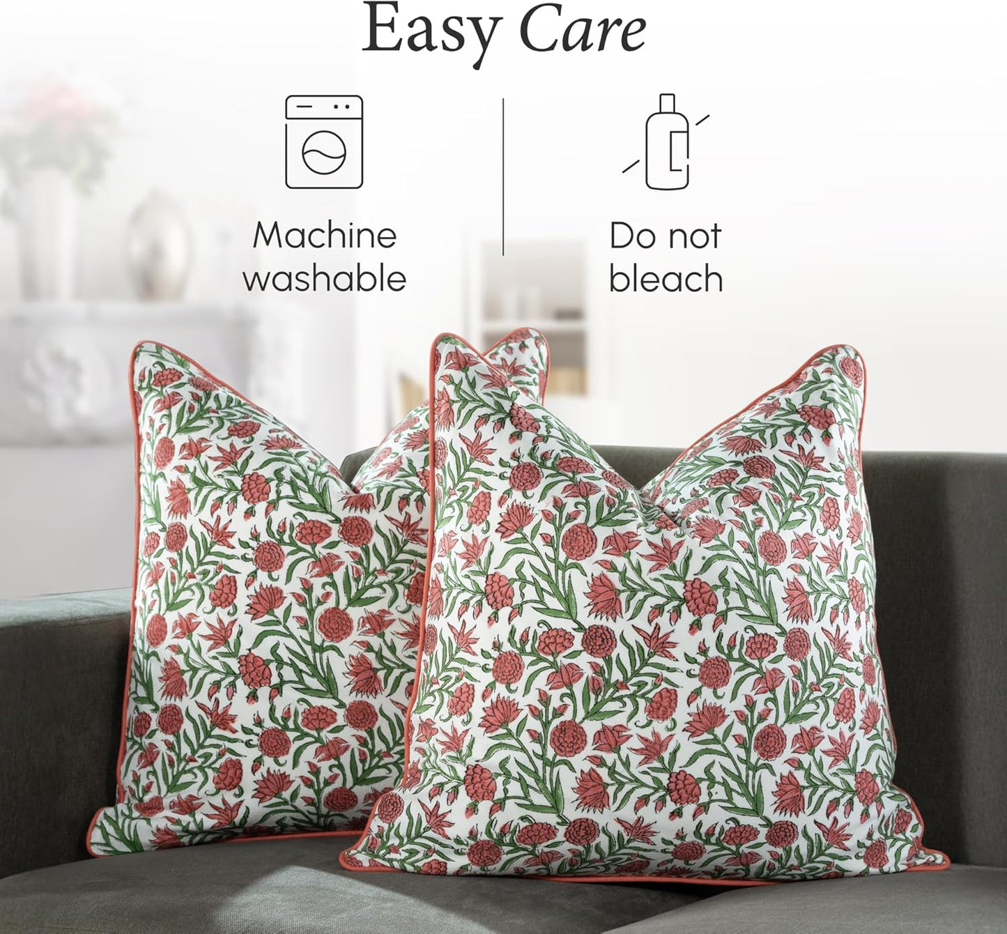 CPC 100% Cotton Throw Pillow Covers 18x18 Inch, Set of 2 Green Block Print Pattern Couch Pillow, Cute Boho Decorative Pillows for Living Room, Bedroom with Hidden Zipper- Agate Green