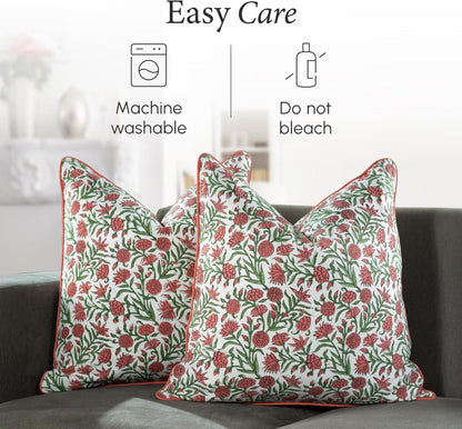CPC 100% Cotton Throw Pillow Covers 18x18 Inch, Set of 2 Green Block Print Pattern Couch Pillow, Cute Boho Decorative Pillows for Living Room, Bedroom with Hidden Zipper- Agate Green