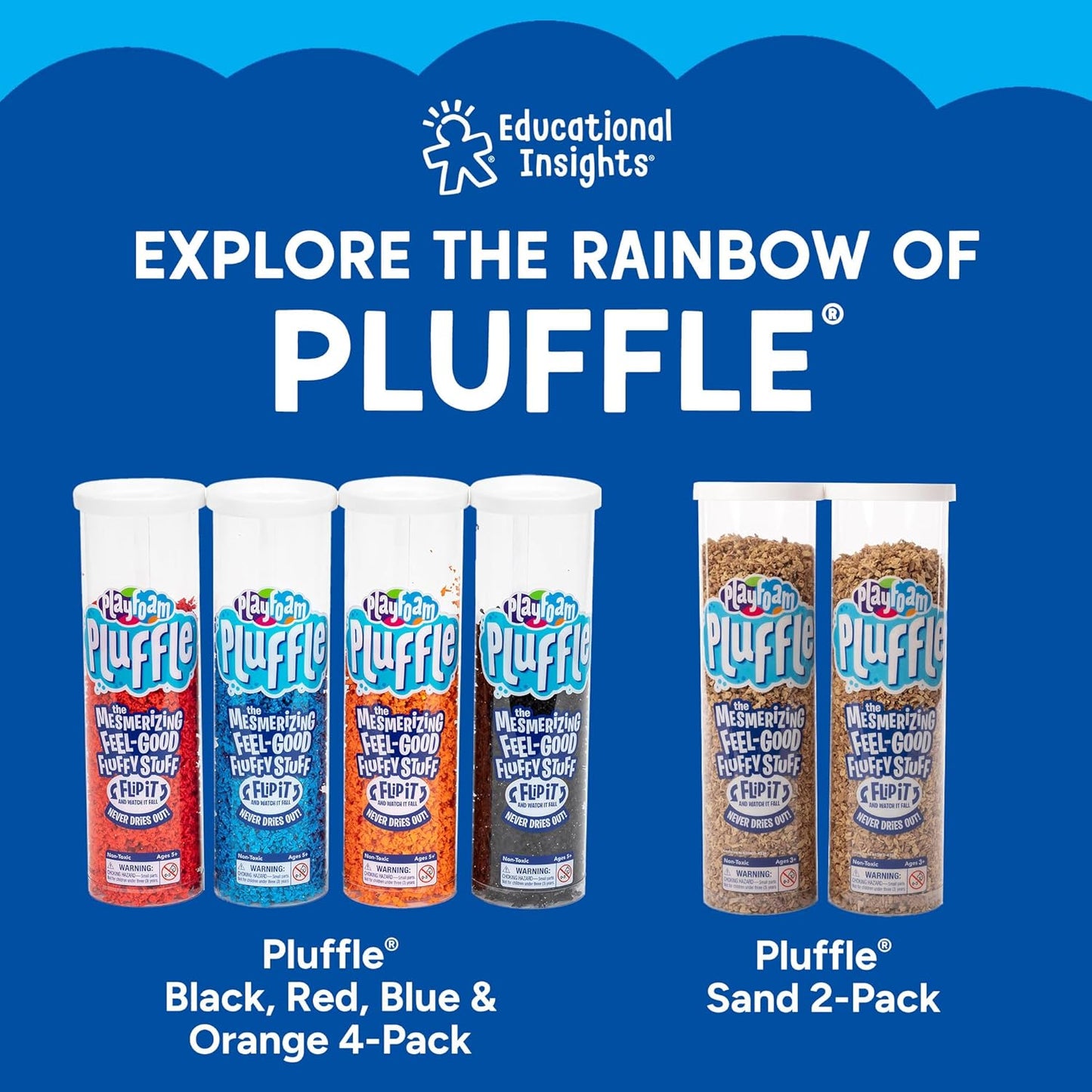 Educational Insights Pluffle Mini 8-Pack - Preschool Sensory Bin Filler, Tactile Sensory Toys for Toddlers 3-4, Mess Free Slime Alternative, Satisfying Foam Sand Bin Filler