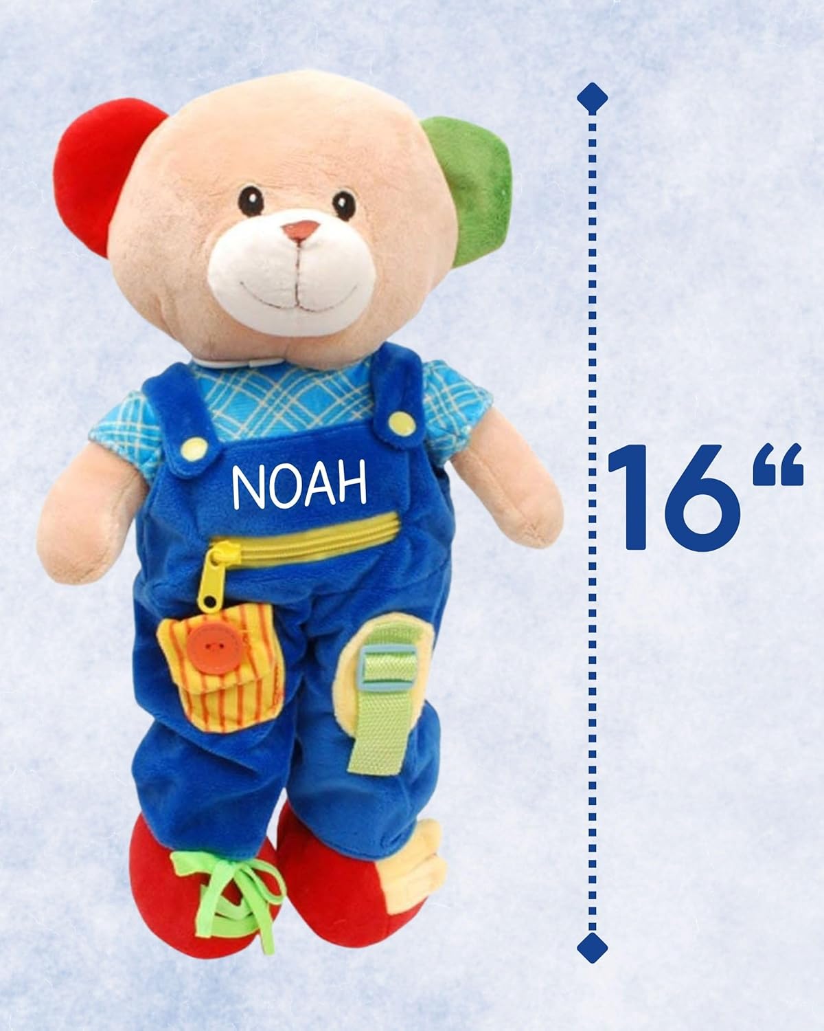 Linzy Personalized 16’’ Soft Educational Teddy Bear with Removable Outfit – Plush Learning Toy with Buttons Zippers Snaps for Toddlers Kids – Fine Motor Skills, Problem Solving Practice